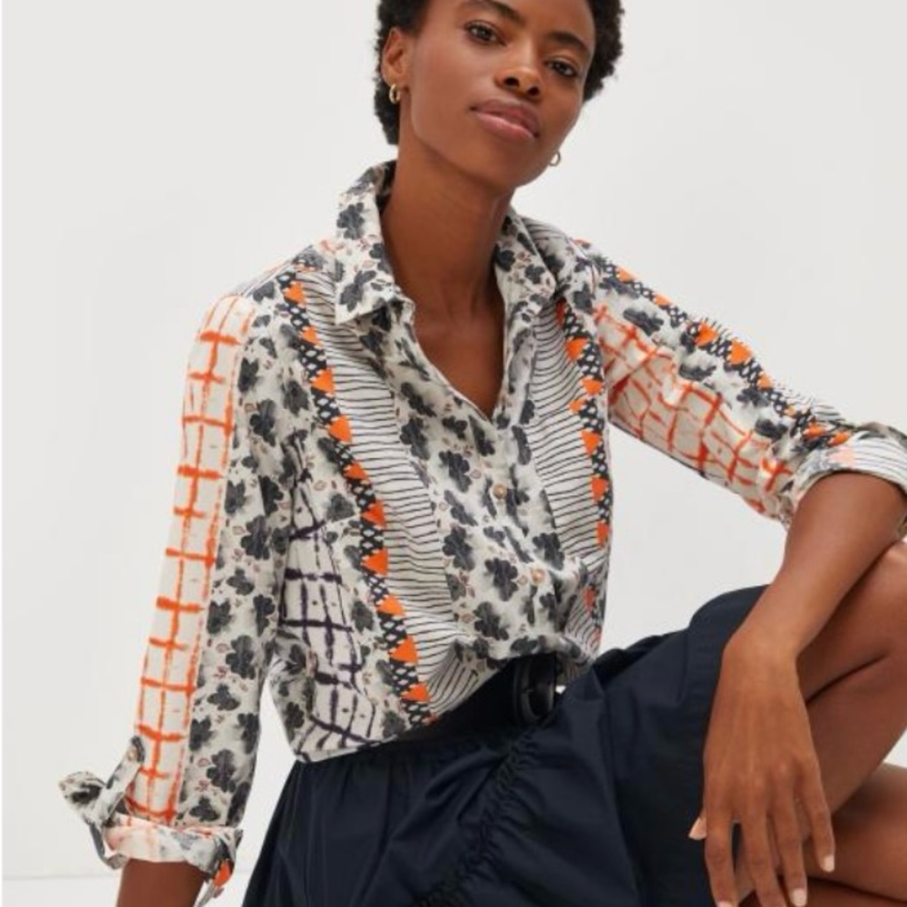 Anthro Maeve Mixed Media Motif Floral Abstract Print Button Down Blouse Shirt - Picture 3 of 11